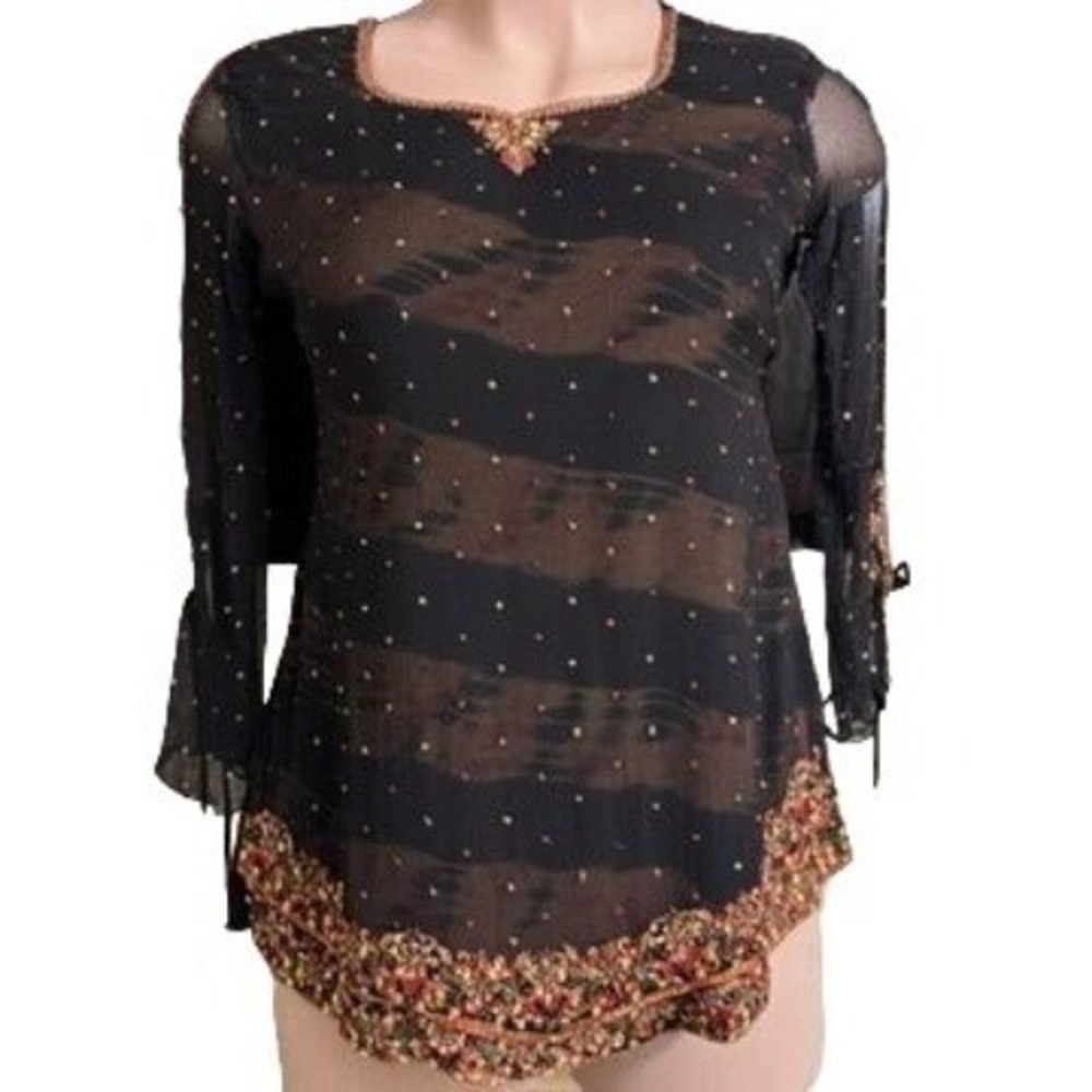 Vtg Beaded Sequined Sheer‎ Tunic Top XL Black Split Tie Sleeves Dark Whimsygoth - Picture 2 of 15